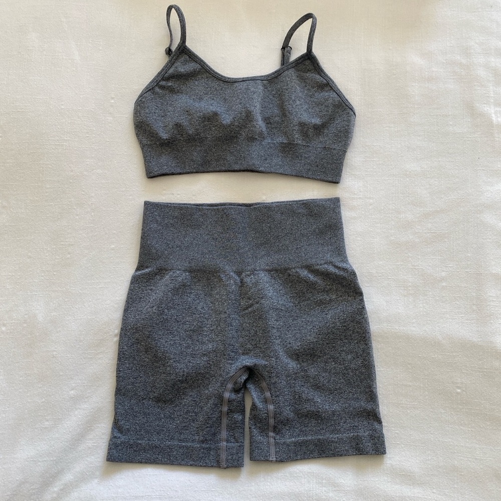 Heather grey Amazon workout set biker shorts and bra